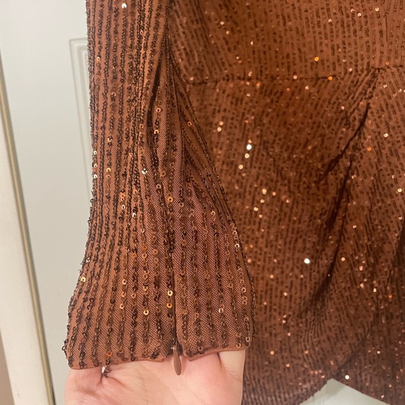 TOCCIN X RTR Sequin Faux Wrap Brown Mini Dress Cocktail Formal Event Size 2 - Picture 8 of 12